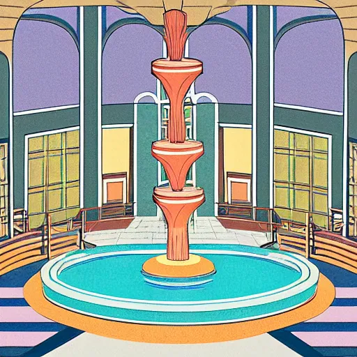 Prompt: art deco illustration of a mall atrium with a fountain in the center, in pastel colors