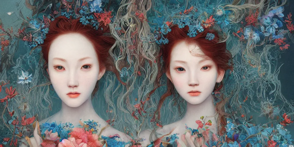 Prompt: breathtaking detailed concept art painting blend of two redhair goddess of light blue flowers by hsiao - ron cheng with anxious piercing eyes, vintage illustration pattern with bizarre compositions blend of flowers and fruits and birds by beto val and john james audubon, exquisite detail, extremely moody lighting, 8 k