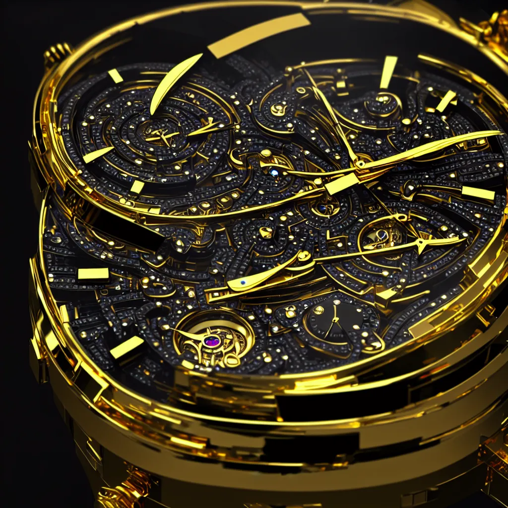 Prompt: full product photo of a 5 million dollar luxury men's watch with gold electronics and neon cybernetics, 4 k photorender realityengine