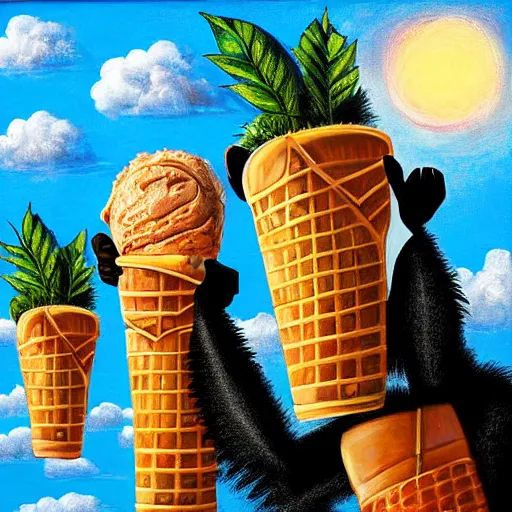 Prompt: a detailed art painting chimpanzee photograph of two chimpanzees!!! worshiping a giant ice cream cone sent by aliens that chimpanzees are worshiping, at dawn. by digital artists.