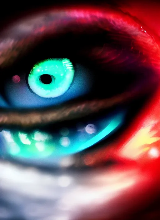 Prompt: dragon eye, rich moody colors, closeup, bokeh, artstation