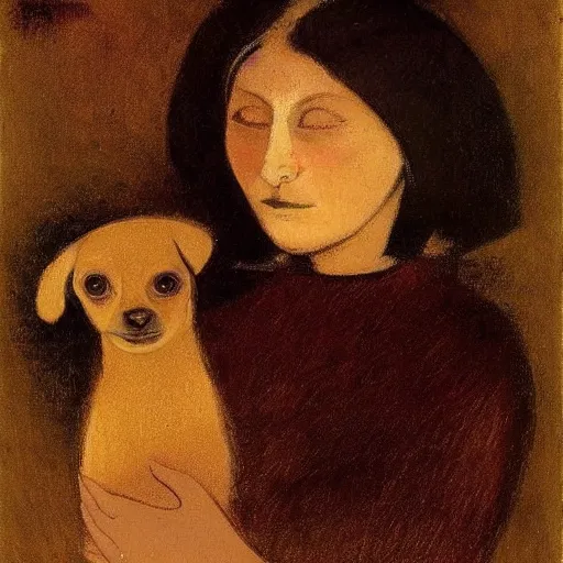 Image similar to a woman and her black and brown chihuahua by odilon redon