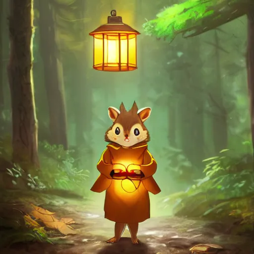 Image similar to concept art painting of an anthropomorphic anime chipmunk wearing a yellow cloak, holding a lantern, in the deep forest, realistic, detailed, cel shaded, in the style of makoto shinkai and greg rutkowski and james gurney