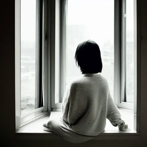 Image similar to a woman sitting on a window sill looking forward out the window, grey sweater, a stock photo by chen jiru, tumblr, aestheticism, movie still, pretty, pixiv