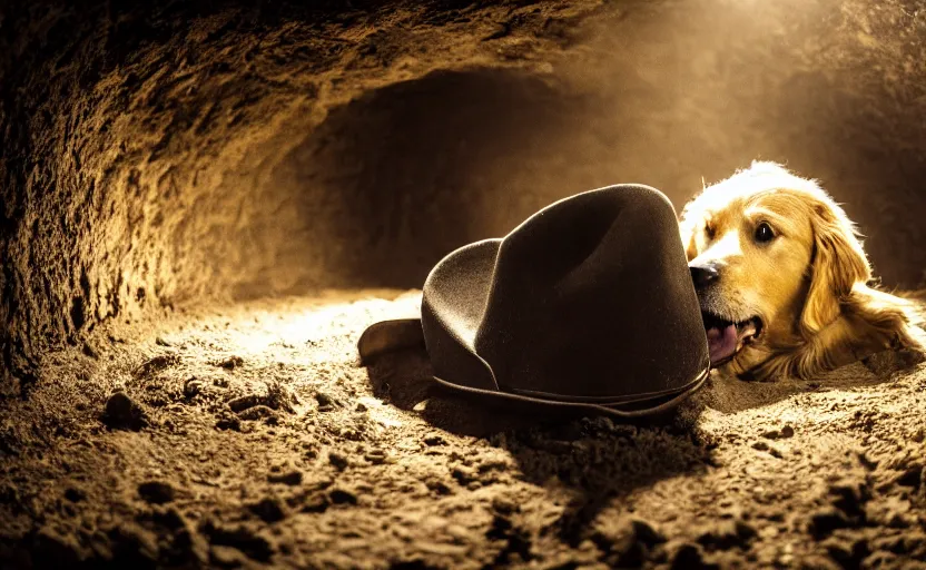 Prompt: a dirty golden retriever in a dark mine wearing a wild west hat and jacket, large piles of gold nuggets, moody lighting, light coming from tunnel entrance, stylized photo