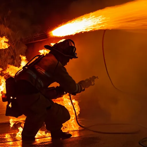 Image similar to photo of a firefighter using a flamethrower. award-winning, highly-detailed