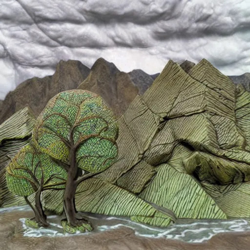 Prompt: Sculpture. a landscape of a mountainous area with a river running through it. There are trees and plants in the foreground, and the mountains are in the background. pale by Steve Ditko stormy