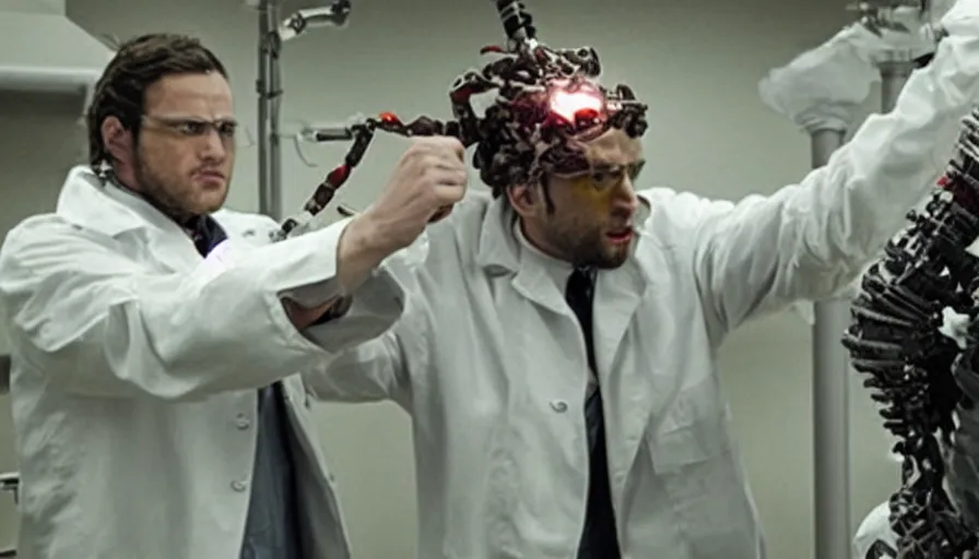 Image similar to big budget action movie about science lab, where a battle cyborg bloodily rips off a scientist's head