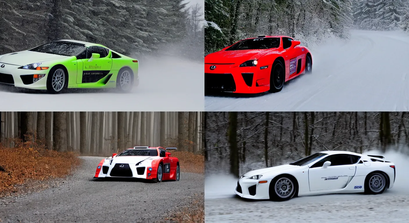 Prompt: a 2 0 1 1 lexus lfa, racing through a rally stage in a snowy forest