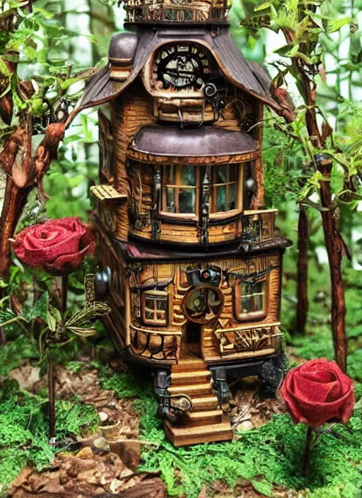 Image similar to steampunk tiny house in a forest with lush vegetation and a garden of roses. Detailed. Very very very detailed intricate.