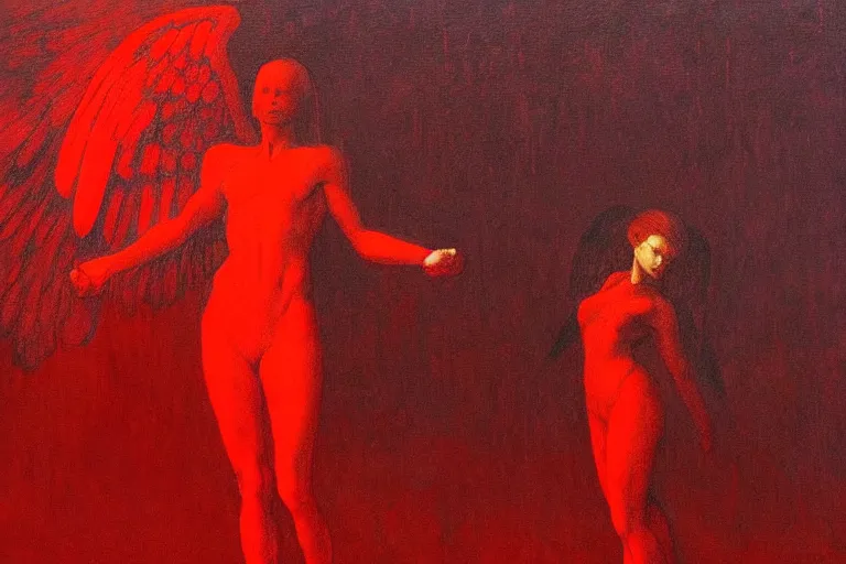 Image similar to only with red, a red angel announce the win, at the gates of a rich renaissance city. inthe background, pathos, in the style of beksinski, part by hopper, part by rodcenko, part by hofbauer, intricate composition, red by caravaggio, insanely quality, highly detailed, masterpiece, red light, artstation