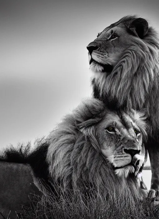 Image similar to lion and lioness black and white portrait white sky in background