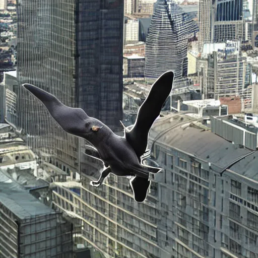 Prompt: greyhound dog with wings flying towards city skyscraper, 4k realistic photo