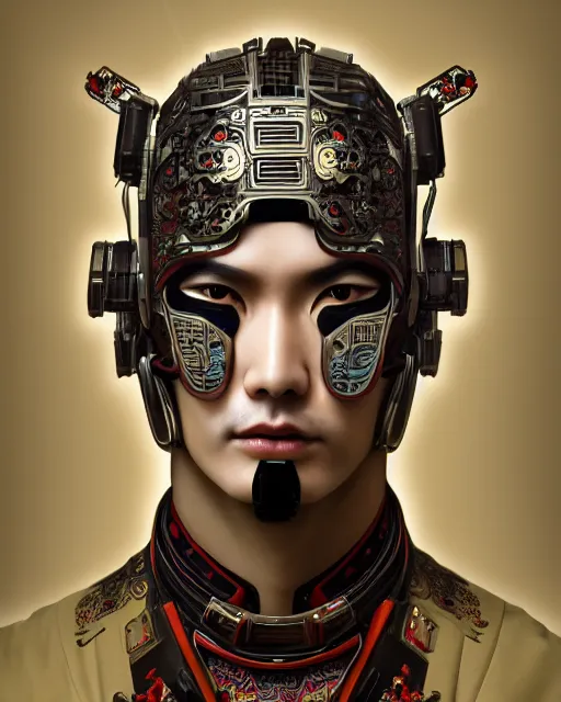 Image similar to portrait of a masculine male cyberpunk machine, machine face, upper half portrait, decorated with chinese opera motifs, asian, fine china, wuxia, traditional chinese art, intricate, elegant, highly detailed, symmetry, headpiece, digital painting, artstation concept art smooth sharp focus, illustration, art by artgerm and greg rutkowski alphonse mucha 8 k