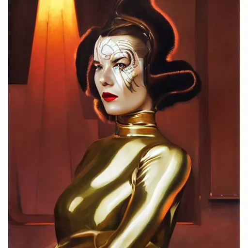 Prompt: closeup painting of uncannily beautiful aristocrat wearing latex and bronze catsuit and art deco maori face paint inside bronze art deco arcology, science fiction by j. c. leyendecker and fritz lang and rembrandt and greg rutkowski and stefan prohaczka