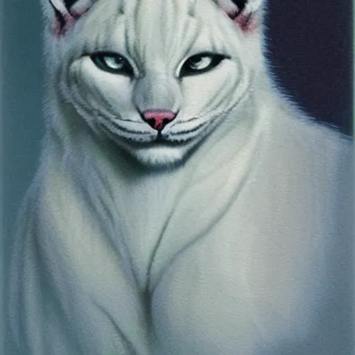 Prompt: sketch of white anthropomorphic lynx cat portrait by Les Edwards and Noriyoshi Ohrai, glowing lines, logo