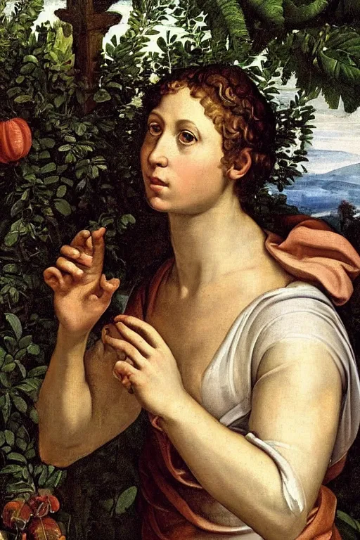 Image similar to renaissance painting of elder in the garden, closeup, short silver hair, a wise face, emotions closeup, dressed in roman armour, the beautiful garden with oak leaves everywhere, ultra detailed, art by Guido Reni style, Vincenzo Catena style