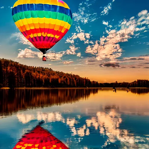 Image similar to photo of two black swans touching heads in a beautiful reflective mountain lake, a colorful hot air balloon is flying above the swans, hot air balloon, intricate, 8k highly professionally detailed, HDR, CGsociety