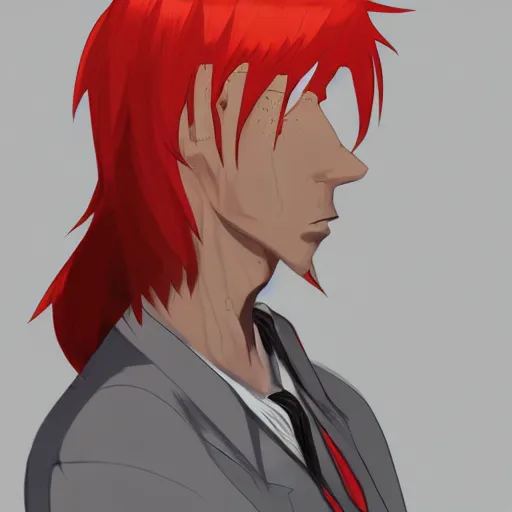 Prompt: Concept art of a man with red hair, trending on artstation, anime