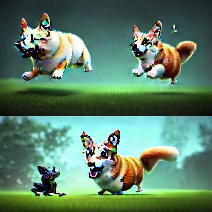 Prompt: epic professional digital art of a corgi chasing a frog, best on artstation, cgsociety, wlop, Behance, pixiv, cosmic, epic, stunning, gorgeous, much detail, much wow, masterpiece by Dorian Cleavanger and Stanley Lau