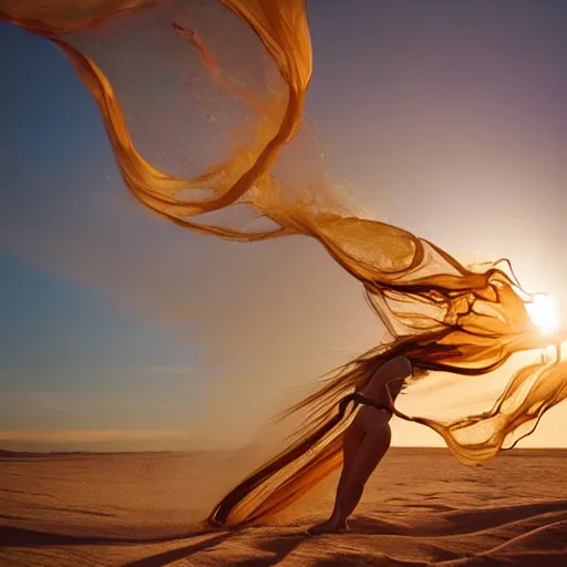 Prompt: filmstill photography of female body covered with curly white translucent blanket blowing in wind, acrylic liquid colors, luxurious supermodel photoshooting, golden jewelry, bokeh, godrays, strong wind, wrinkles, sunrays, sunset, lens flares, cold colors, sand dunes