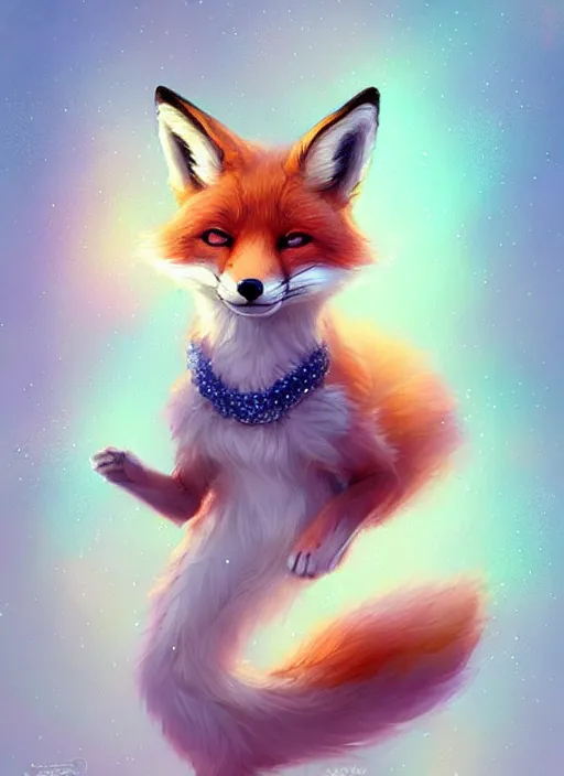 Image similar to cute little fox, surrounded by diamonds, blue, light pink, gold color scheme. highly detailed, artgerm, cushart krenz, artstation, soft light, sharp focus, illustration, character design, concept art