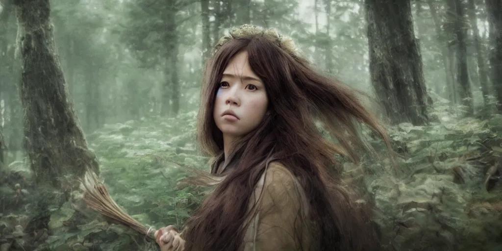 Image similar to portrait of woman, forest background, long brown hair, cloth, princess mononoke, 4 k, greg rutkowski, high detail, dramatic lighting, sunset, hayao miyazaki, masashi ando, nizou yamamoto, kazuo oga, joe hisaishi, yoji takeshige, naoya tanaka