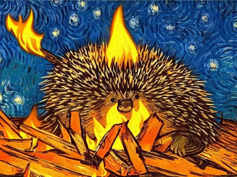 Image similar to a detailed painting of a hedgehog toasting marshmallows on a campfire by van gogh. Oil painting. Trending on artstation. 8k