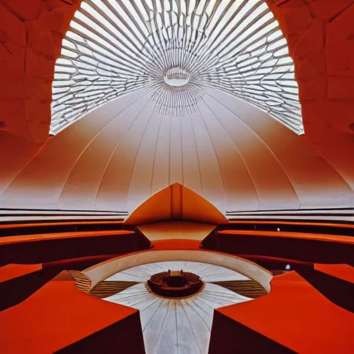 Image similar to interior of a futuristic lotus temple with gold, red and white marble panels, in the desert, by buckminster fuller and syd mead, intricate contemporary architecture, photo journalism, photography, cinematic, national geographic photoshoot