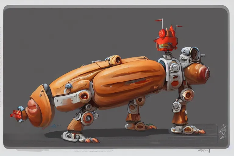 Image similar to concept art of a hot dog mech, sci fi, highly detailed, digital painting, artstation, smooth, sharp focus, illustration, art by kezrek and daniel graffenberger