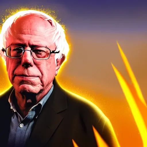 Image similar to portrait of Bernie Sanders with glowing golden aura flying over a desert field, super saiyan 3, yellow spiky hair, digital art