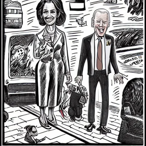 Image similar to The Artwork of R. Crumb and his Cheap Suit - Joe Biden and Kamala Harris, pencil and colored marker artwork, trailer-trash lifestyle