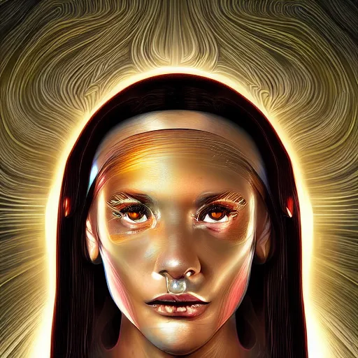 Prompt: Frontal portrait of a science fiction priestess. Detailed digital art.