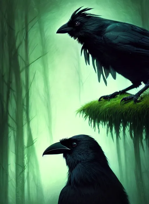 Image similar to side portrait dark crow (animal), close-up, fantasy forest landscape, moonshine, fantasy magic, nice black feather, proud, green dark light night, intricate, elegant, sharp focus, illustration, highly detailed, digital painting, concept art, matte, art by WLOP and Artgerm and Greg Rutkowski and Eddie Mendoza, masterpiece