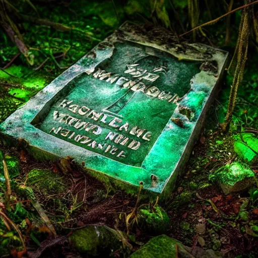 Image similar to side view of a beautiful abandoned tombstone with an embedded emerald laying on the ground, in a deep forest, overgrown foliage taking over it, close - up, 3 5 mm, biopunk, bokeh, beautiful, lens flare, emotional, detailed, picture, trending on artstation, award - winning, shiny, golden, octane render