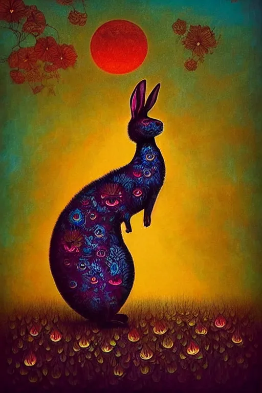 Image similar to surreal hybrid rabbits, fantasy, fairytale animals, flowerpunk, mysterious, vivid colors, by andy kehoe