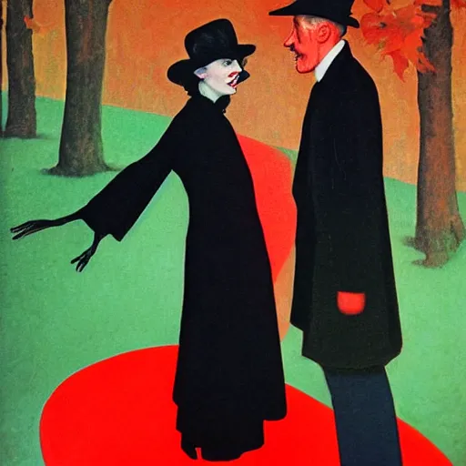 Prompt: A thin man in a black coat and bowler hat talks with girl who is dressed in a red coat and a red hat, Berlin park, autumn, 1923, in the style of in the style of Francis Bacon and Syd Mead and Norman Rockwell and Beksinski, high detail, width 768