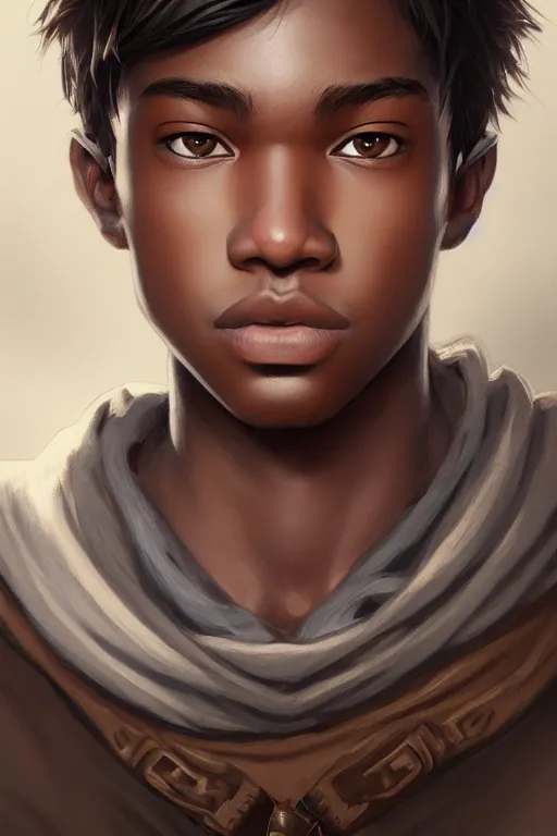 Image similar to young teenager boy with straight short brown hair, dark skin, big lips. highly detailed, d & d, fantasy, highly detailed, digital painting, trending on artstation, concept art, sharp focus, illustration, art by artgerm and greg rutkowski and fuji choko and viktoria gavrilenko and hoang lap