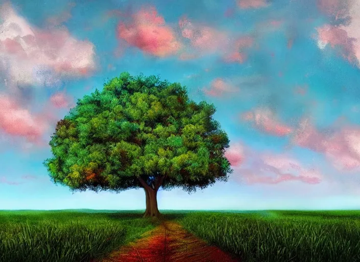 Prompt: giant tree with blue leaves in the background reaching into the clouds, fields in foreground, magical, fantasy, digital art, colorful, divine, painting