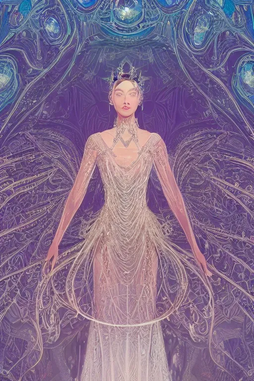 Image similar to beautiful detailed digital illustration of a beautiful magician , wearing crystal fractal tiara, Symmetrical composition, fantasy long intricate gown, sharp focus, octane render, high quality, 8k, volumetric lighting, color grading, by By James Jean and WLOP and Victo Ngai