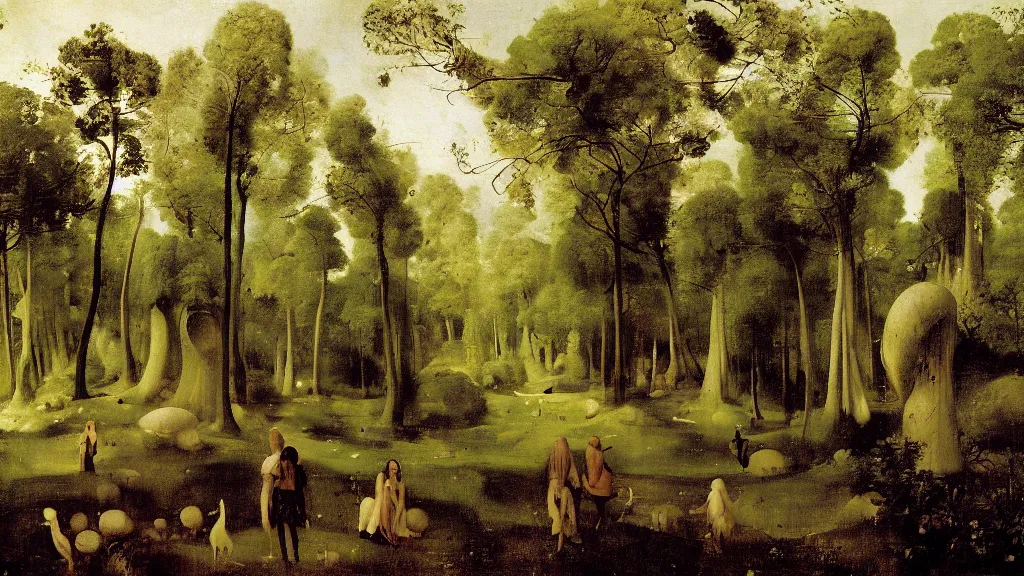 Image similar to landscape of a fey forest, by camille corot, by hieronymus bosch, fine art, volumetric lighting, giant mushroom trees, woodland spirits