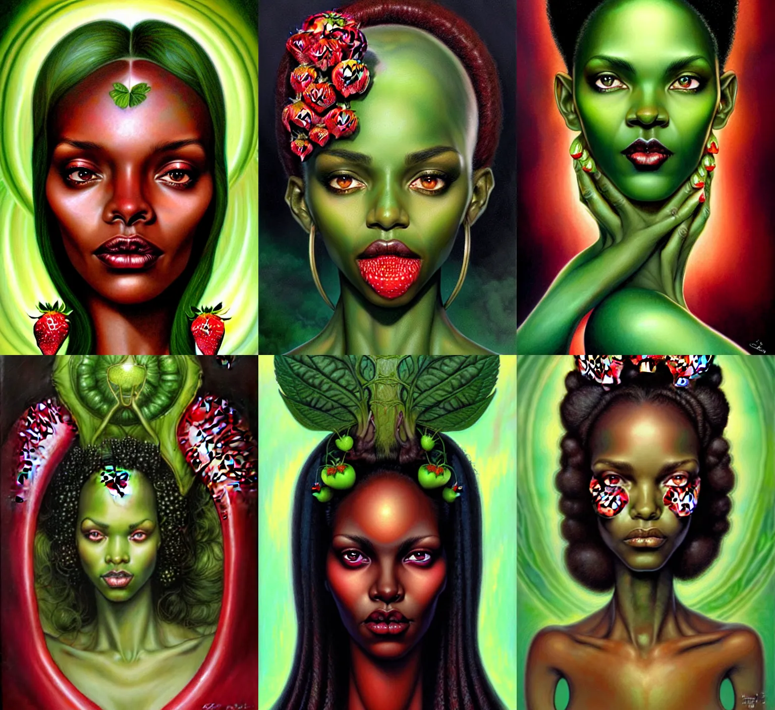 Prompt: stunning goddess of strawberry portrait, dark skin and clear green eyes. realistic, symmetrical face. art by bowater charlie, mark brooks, julie bell, arian mark, tony sandoval