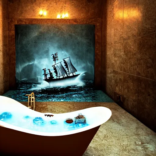 Prompt: in a bathroom looking down at a bath tub full of water with a pirate ship battle in the tub, highly detailed, cinematic lighting, render, fantasy