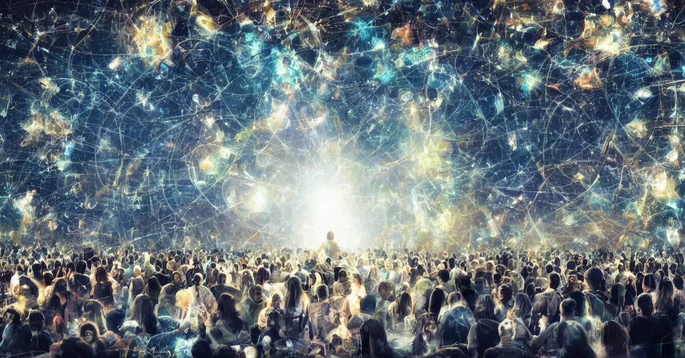 Prompt: crowd of human egos are trapped in the illusion of physical reality, sitting in a front of wide screen of life, where the light of consciousness project their destiny, realistic image full of sense of spirituality, life meaning, meaining of physical reality, happy atmosphere, beautiful concept art, super detail