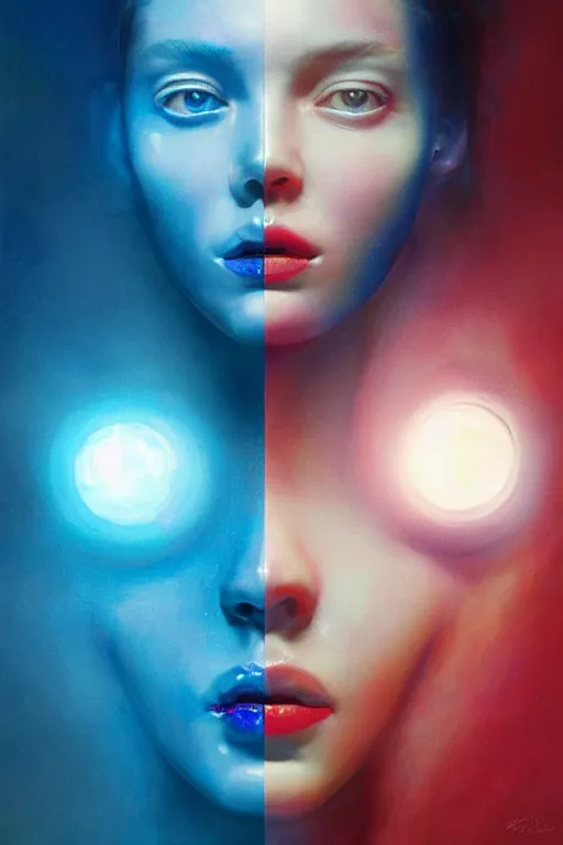 Image similar to 3 d, sci - fi, morning, sleepy fashion model face, happy blue faces, sun, cinematic, vogue cover style, poster art, light red and deep blue mood, realistic painting, intricate oil painting, high detail, figurative art, multiple exposure, poster art, 3 d, by tooth wu and wlop and beeple and greg rutkowski