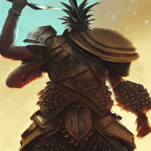 Image similar to Anthropomorphized pineapple in battle armour, D&D, fantasy, cinematic lighting, highly detailed, digital painting, artstation, concept art, smooth, sharp focus, illustration, warm light, cozy warm tint, magic the gathering artwork, volumetric lighting, 8k, no gold, no gold colours, art by Akihiko Yoshida, Greg Rutkowski