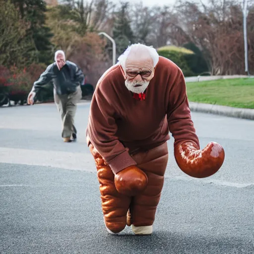 Prompt: An elderly man being chased by a sentient humanoid sausage, Canon EOS R3, f/1.4, ISO 200, 1/160s, 8K, RAW, unedited, symmetrical balance, in-frame