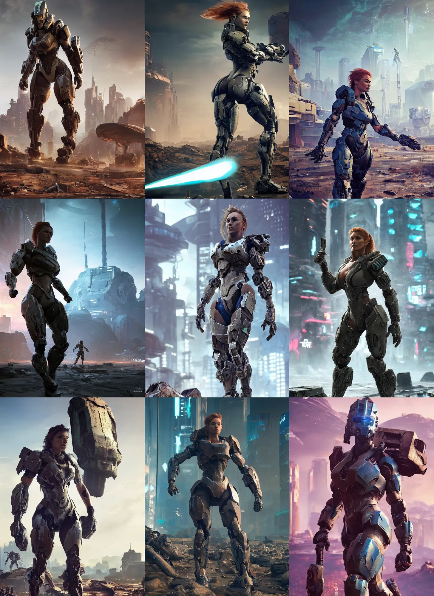 Prompt: a female body builder walking in a cyberpunk wasteland facing the camera, mjolnir armor from halo infinite, no helmet!!!!, attractive female face!!!, enhance face ultra realistic, very highly detailed, 8K, horizon zero dawn, halo infinite, octane render, Digital painting, concept art, illustration, rule of thirds, sharp focus, centered, good value control, realistic shading,