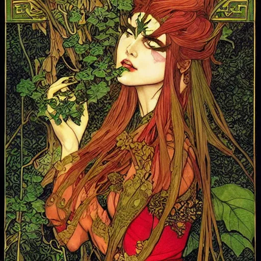 Prompt: a beautiful tarot card of poison ivy as a medieval chinese princess, dark eyeliner, intricate, elegant, highly detailed, digital painting, artstation, concept art, matte, sharp focus, illustration, art by rebecca guay and by arthur rackham and by alphonse mucha and by john william waterhouse