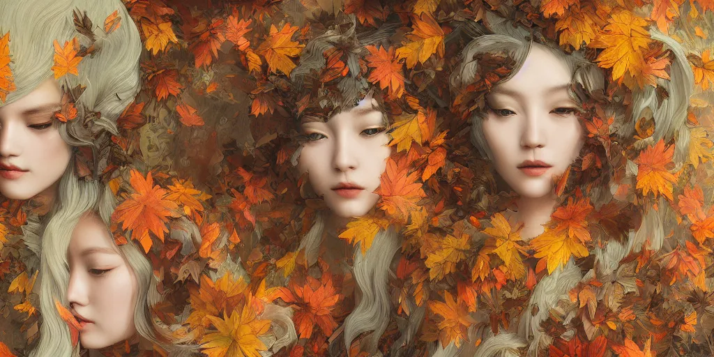 Prompt: breathtaking detailed concept art painting art deco pattern of blonde goddesses faces blend with autumn leaves, by hsiao - ron cheng, bizarre compositions, exquisite detail, extremely moody lighting, 8 k